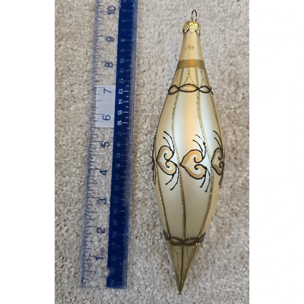 Vintage European Glass Christmas Ornament Hand Blown Poland Teardrop w/ Swirls‎
